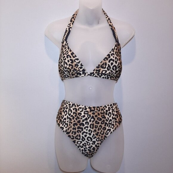 Rampage Leopard String Bikini Set Halter Triangle High Waist Gold Womens Size XL - Picture 7 of 16